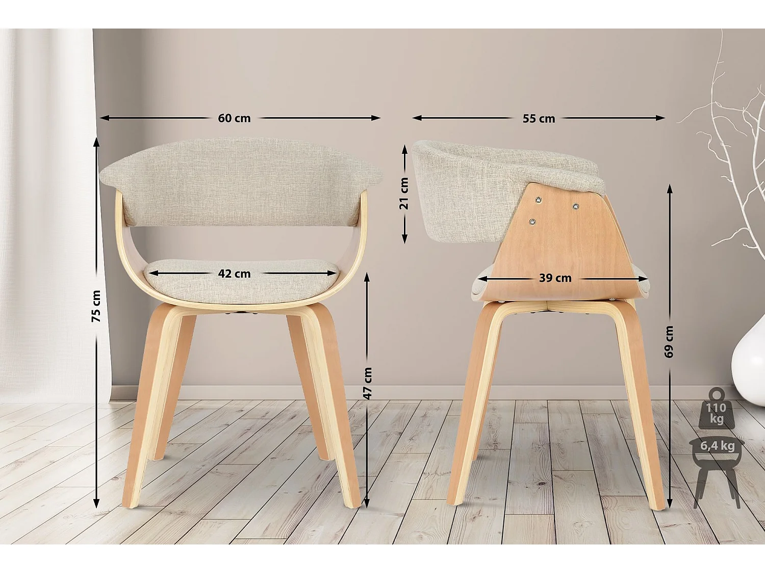 Lot de 2  chaises avec accoudoirs - Tissu - Nature / Crème - Bruce