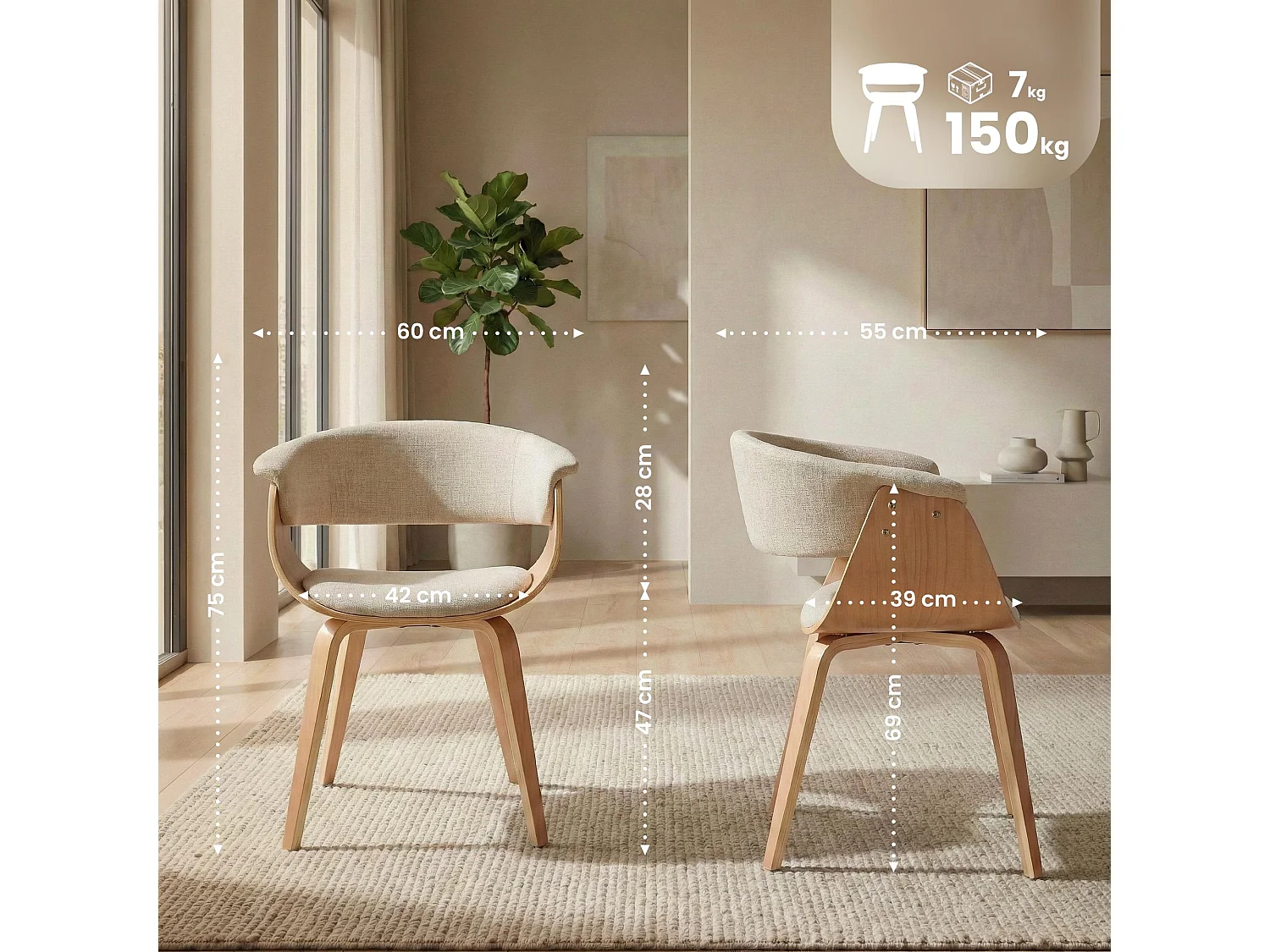 Lot de 2  chaises avec accoudoirs - Tissu - Nature / Crème - Bruce