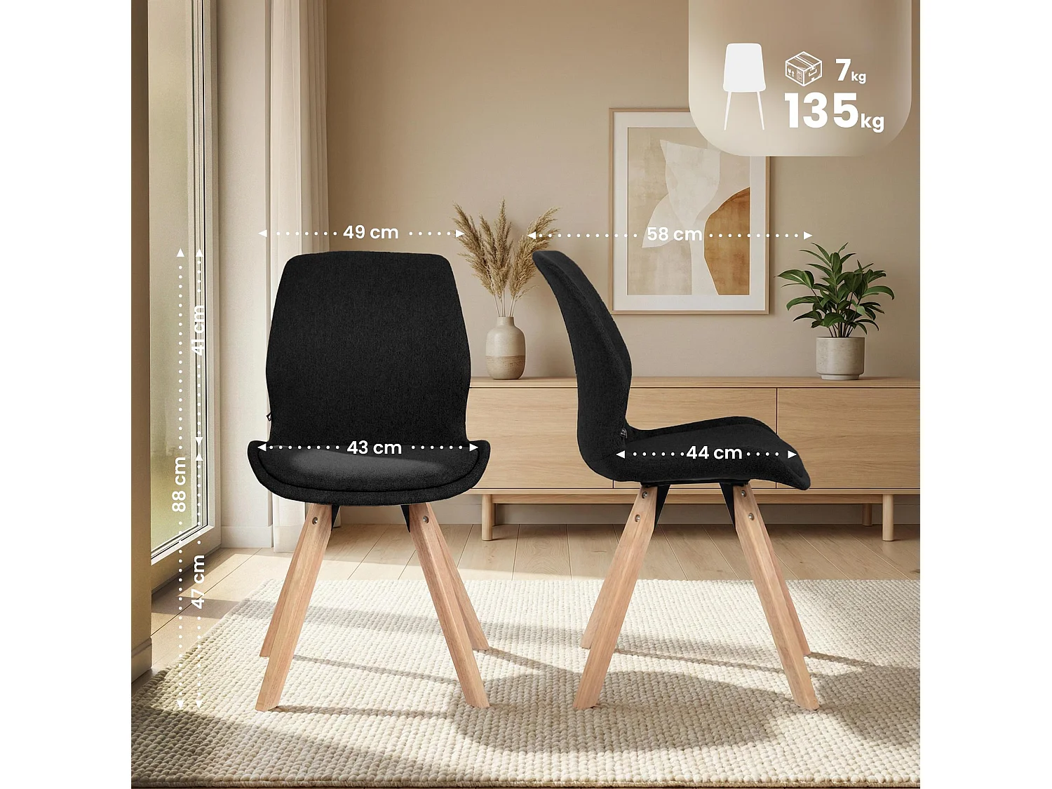 Lot de 2  chaise salle à manger - Tissu - Noir - Luna