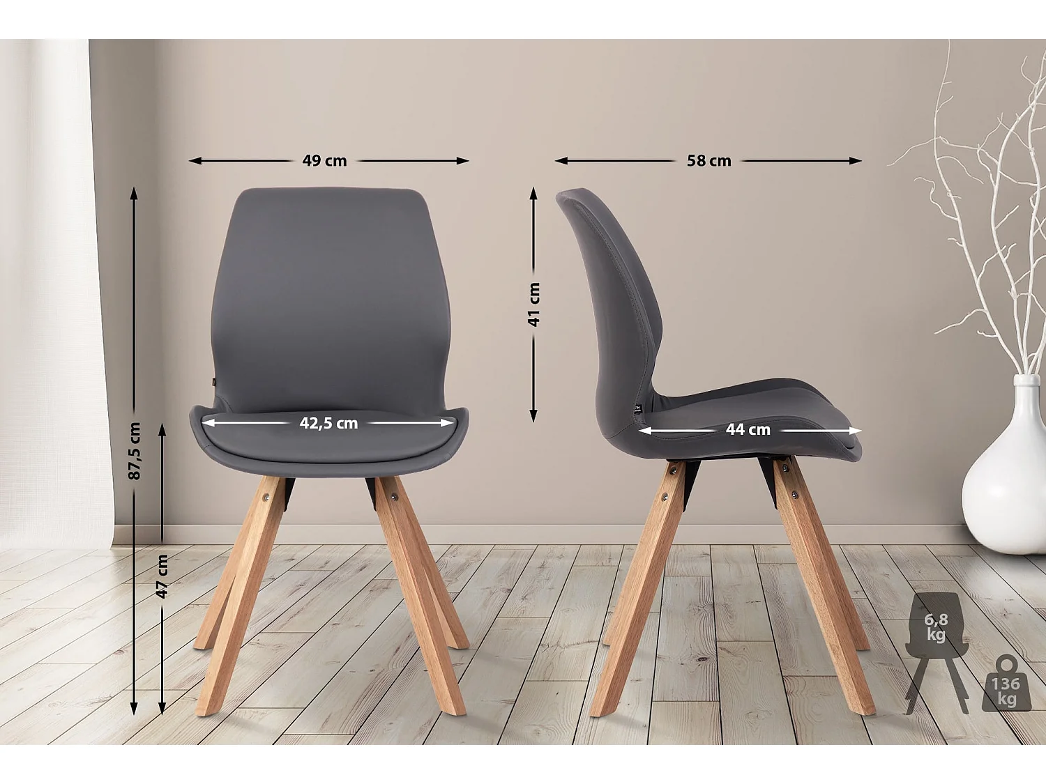 Set van 4  Eetkamerstoelen - Kunstleer - grijs - Luna