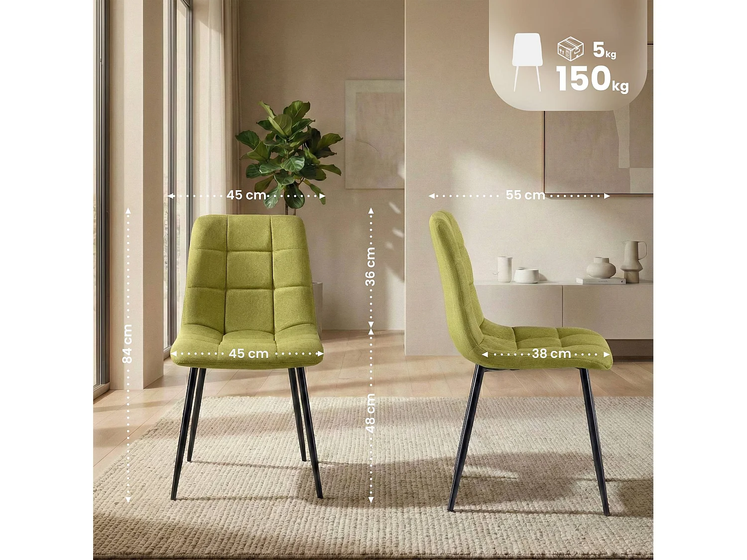 Lot de 4  chaise salle à manger - Tissu - Vert - Antibes