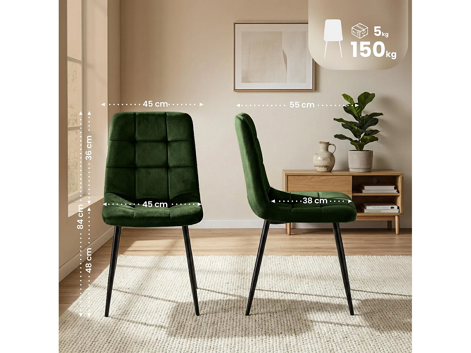 Lot de 4  chaise salle à manger - Velours & Blanc - Vert - Antibes