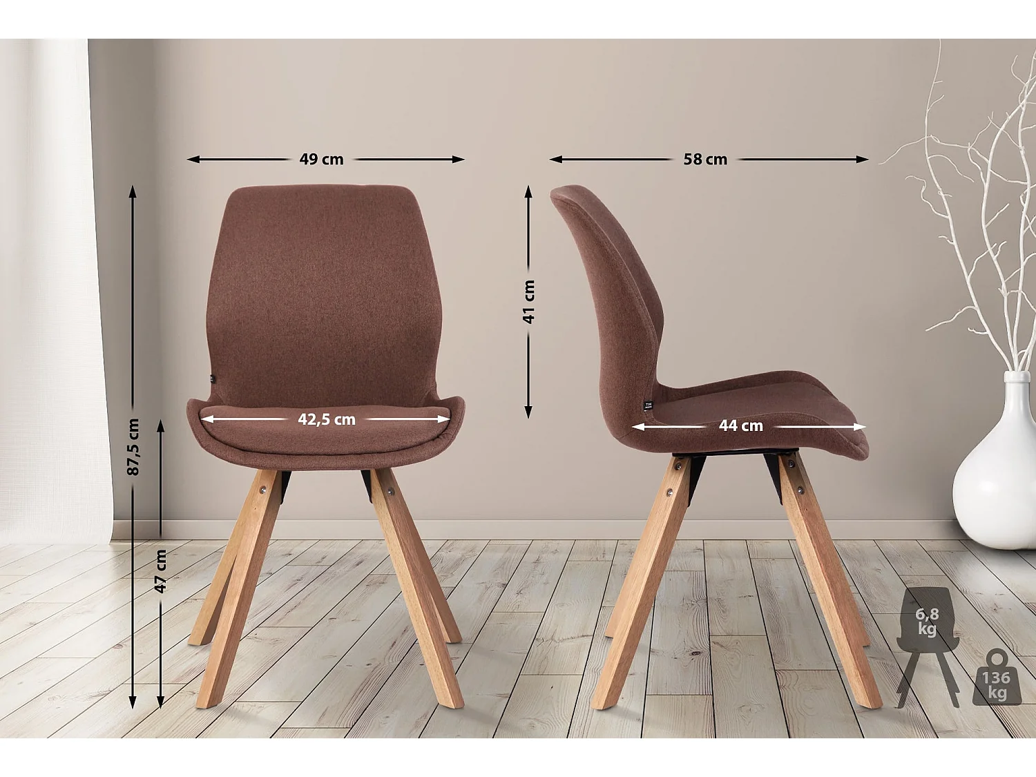 Lot de 4  chaise salle à manger - Tissu & Bois - Marron - Luna