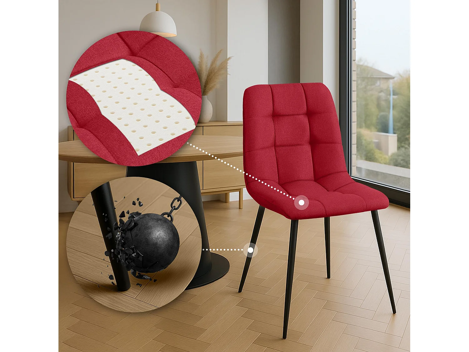 Lot de 4  chaise salle à manger - Tissu - Rouge - Antibes