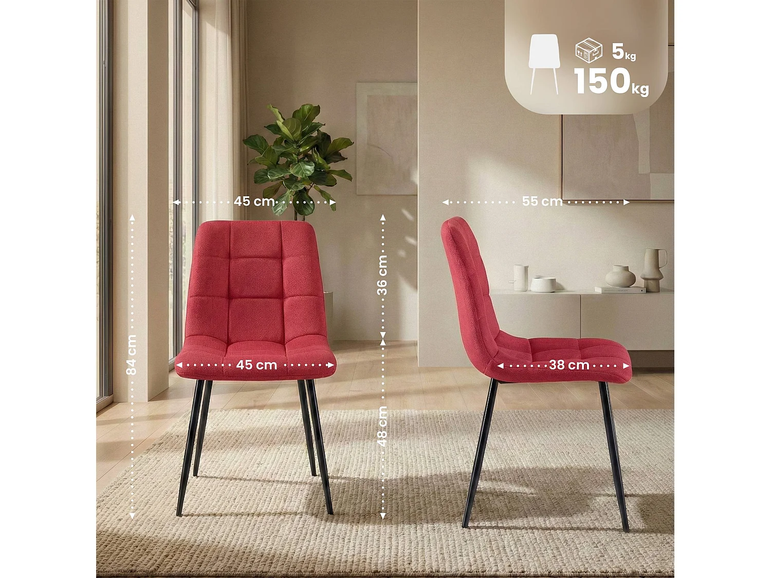 Lot de 4  chaise salle à manger - Tissu - Rouge - Antibes