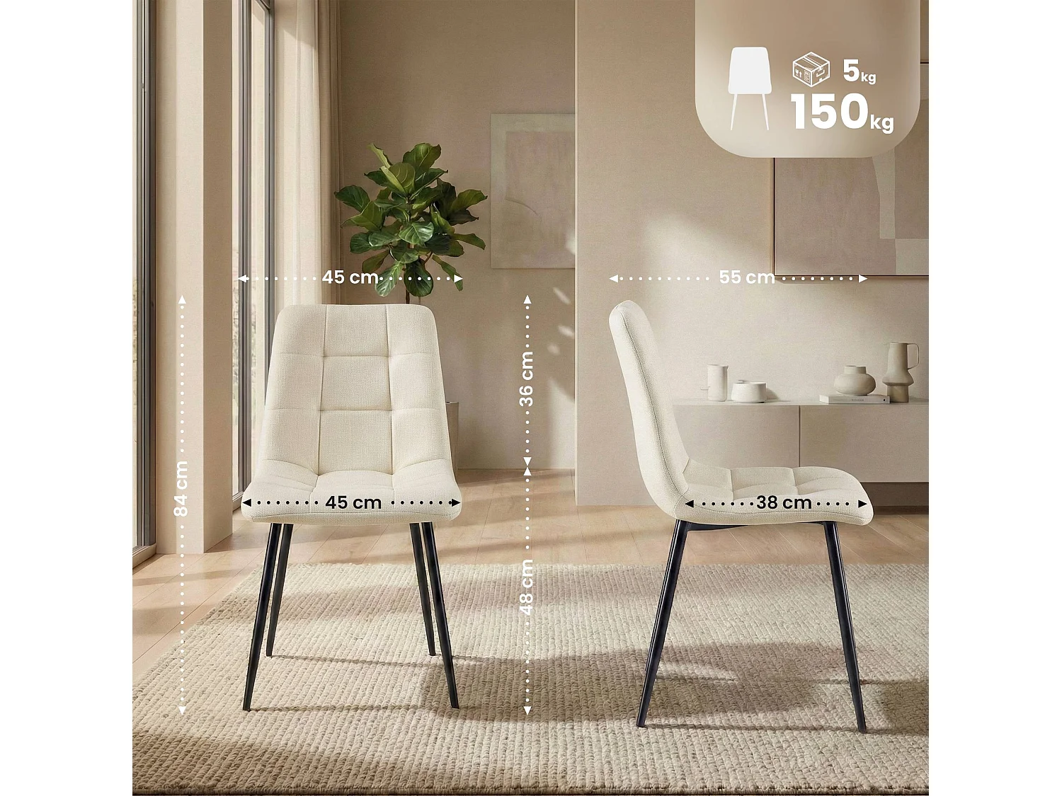 Lot de 4  chaise salle à manger - Tissu - Crème - Antibes