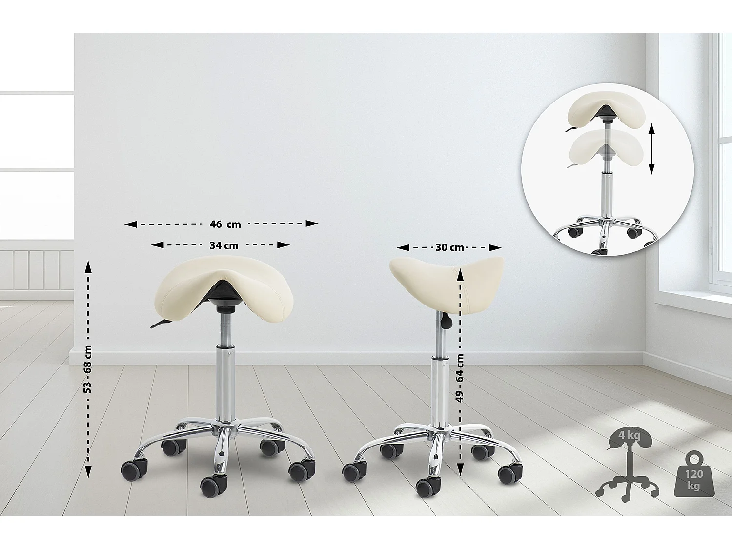 Tabouret de bureau - Similicuir & Métal chromé - Crème - Reno