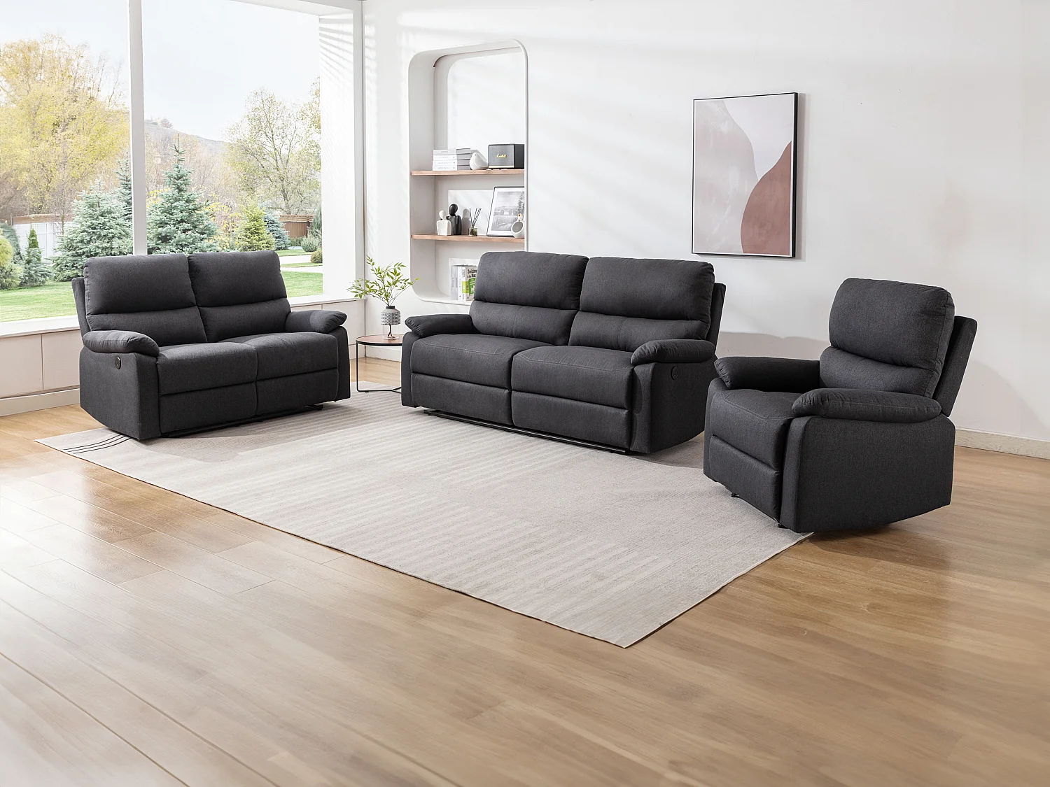 Canapé 3 places, 2 places et fauteuil relax électrique en tissu gris anthracite LUNANO