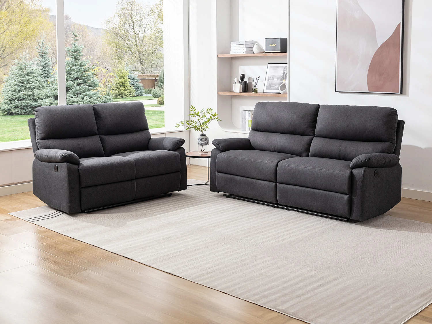 3-persons sofa og 2-persons elektrisk afslappende sofa med elektrisk afslappende mekanisme i antracit grå stof LUNANO