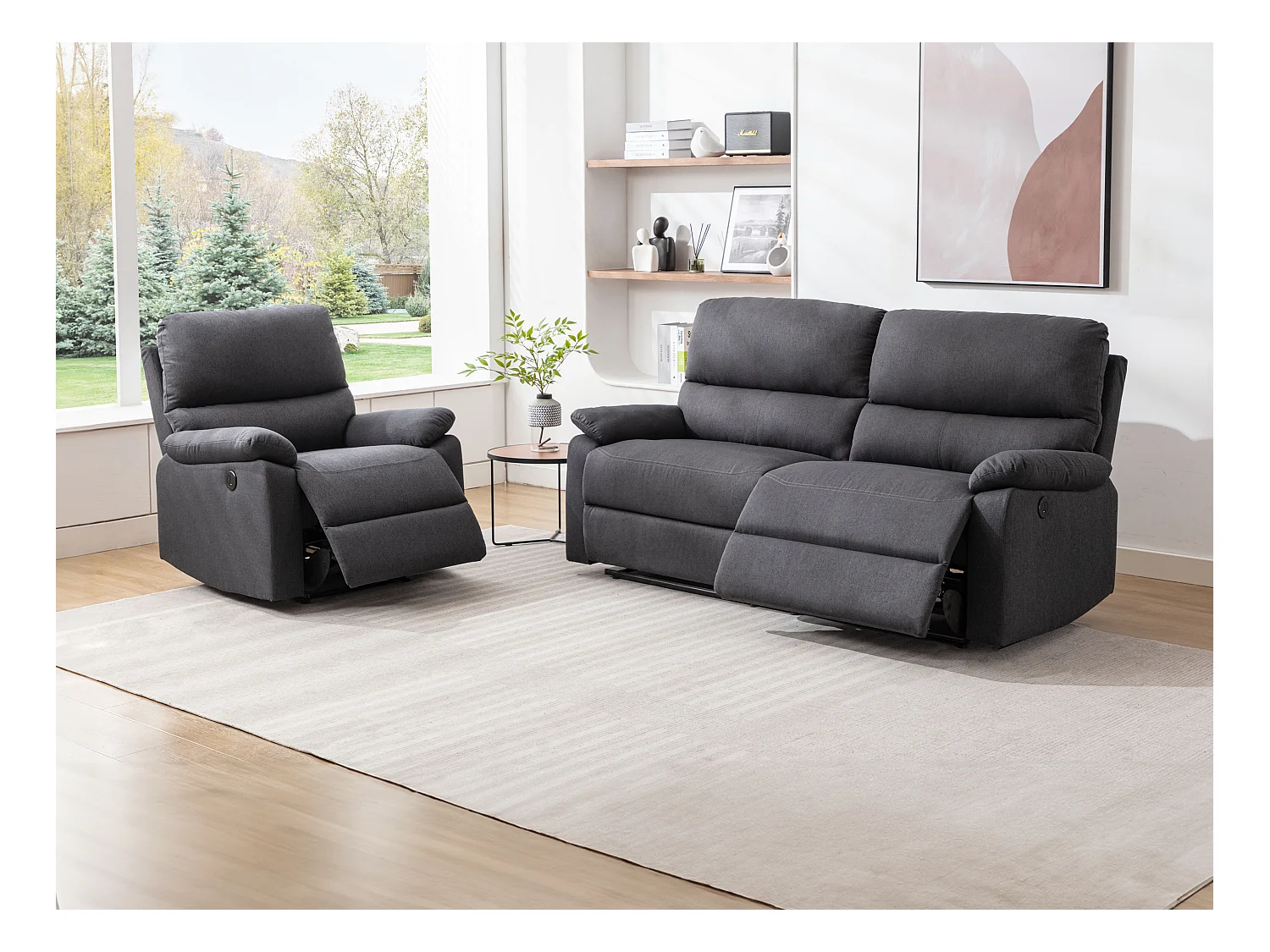 Canapé 3 places et fauteuil relax électrique en tissu gris anthracite LUNANO