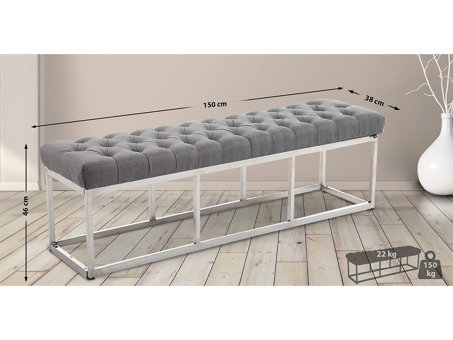 Banquette - Tissu & Acier inoxydable - Gris - Amun
