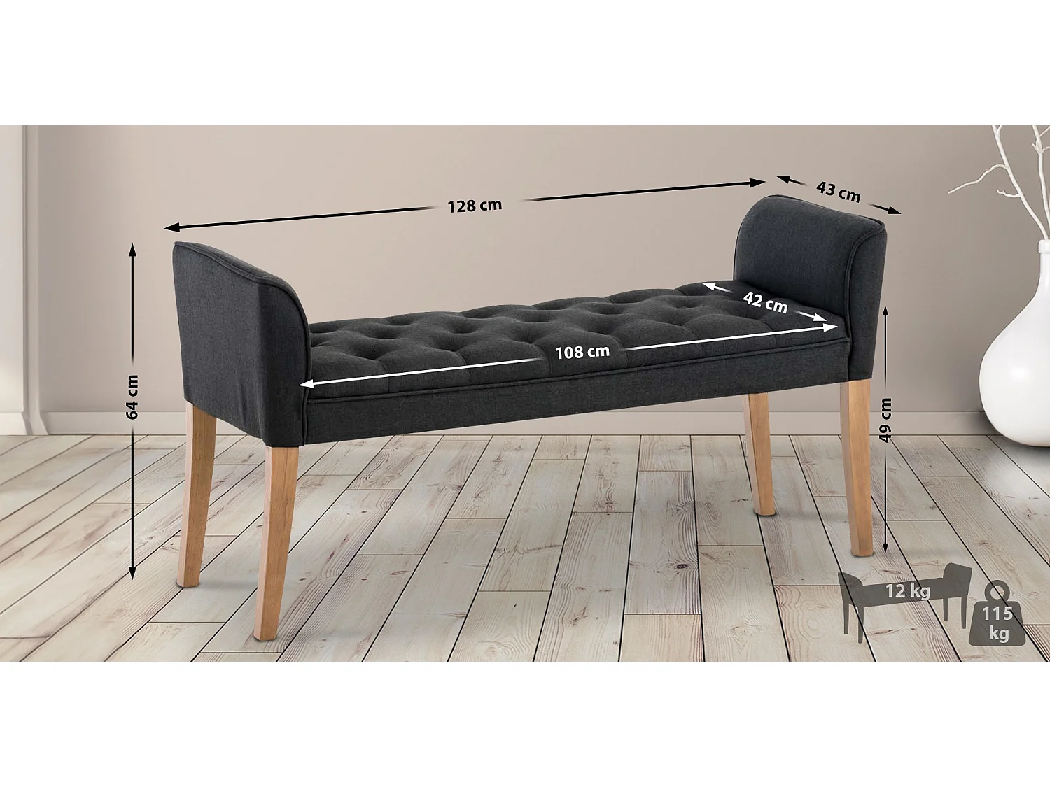 Banquette - Similicuir & Bois - Gris foncé - Cleopatra