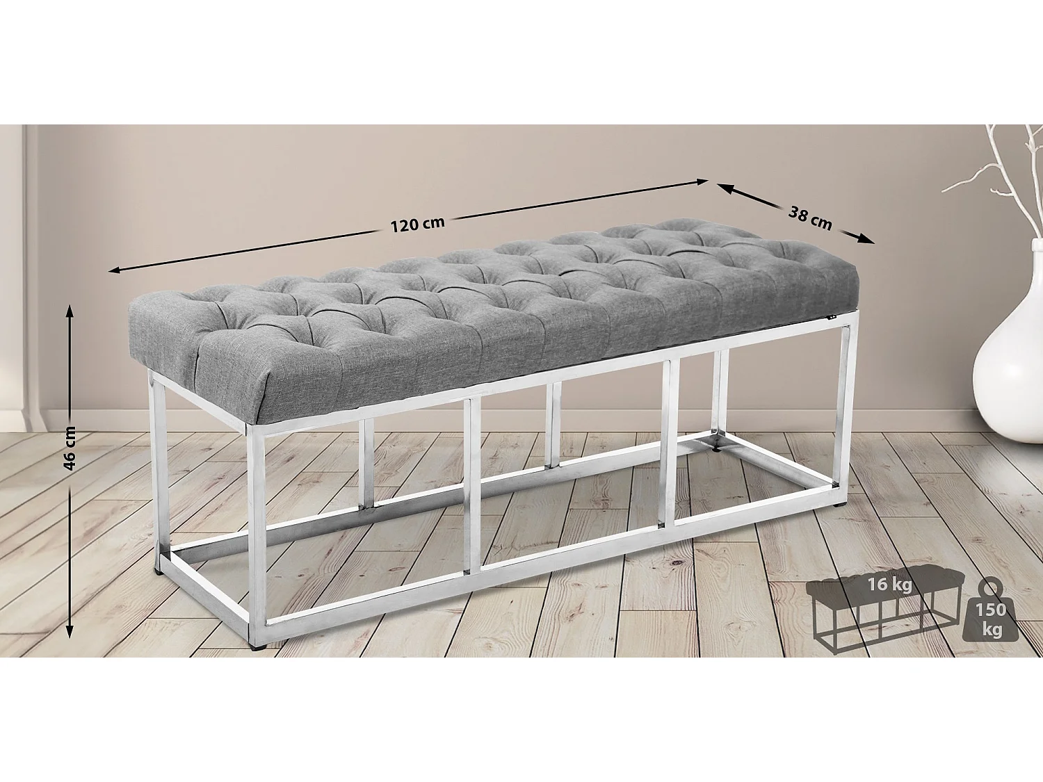 Banquette - Tissu & Acier inoxydable - Gris - Amun