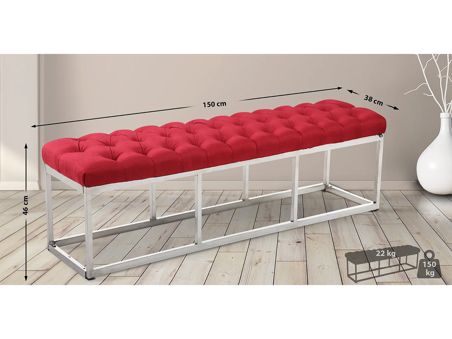Banquette - Tissu & Acier inoxydable - Rouge - Amun