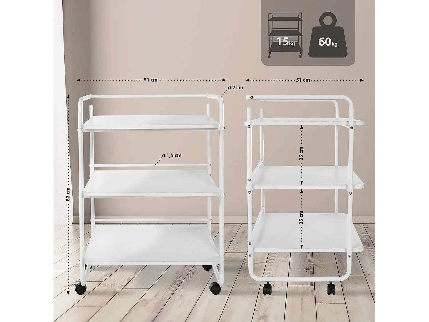 Chariot de service - Métal & Acier inoxydable - Blanc - PL902