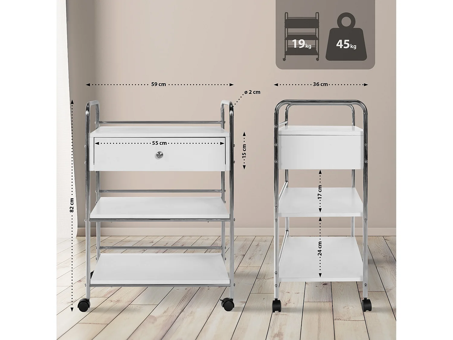 Chariot de service - Bois - Blanc - PL912