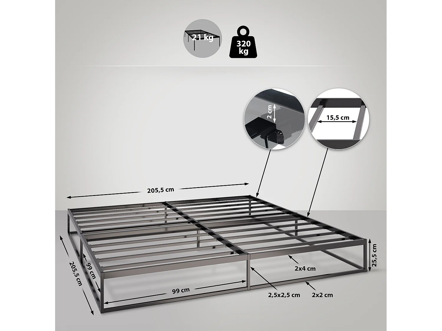Metallbett - Metall - 200x200x25 cm - schwarz - Scala