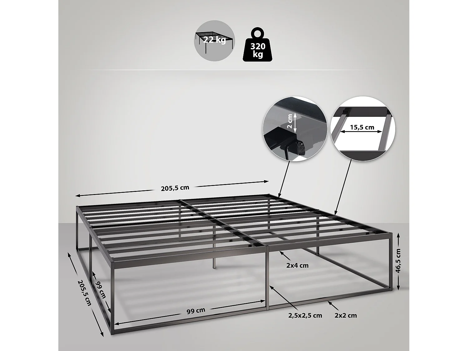 Metallbett - Metall - 200x200x46 cm - schwarz - Scala