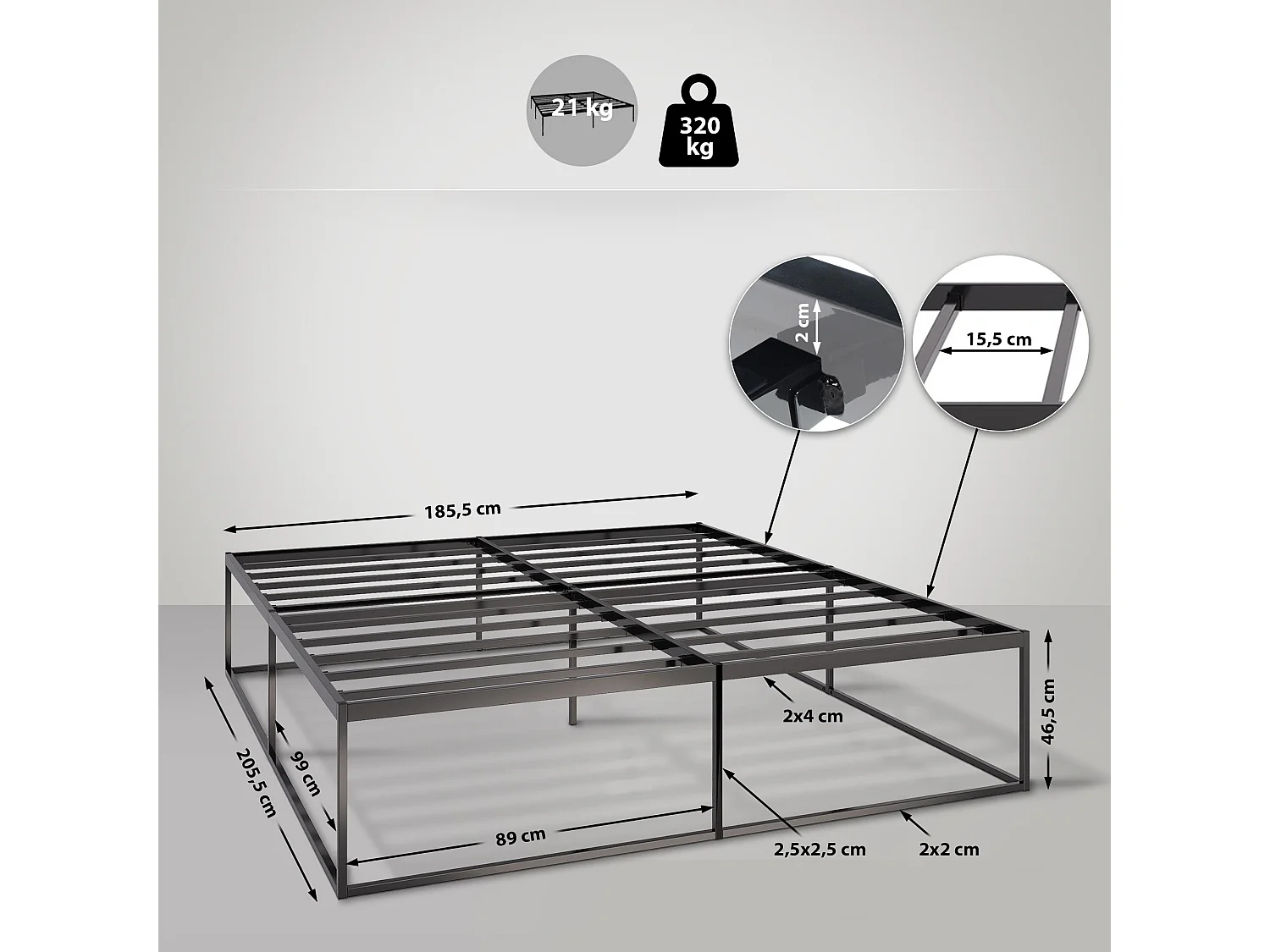 Lit en métal - Métal - 200x180x46 cm - Noir - Scala