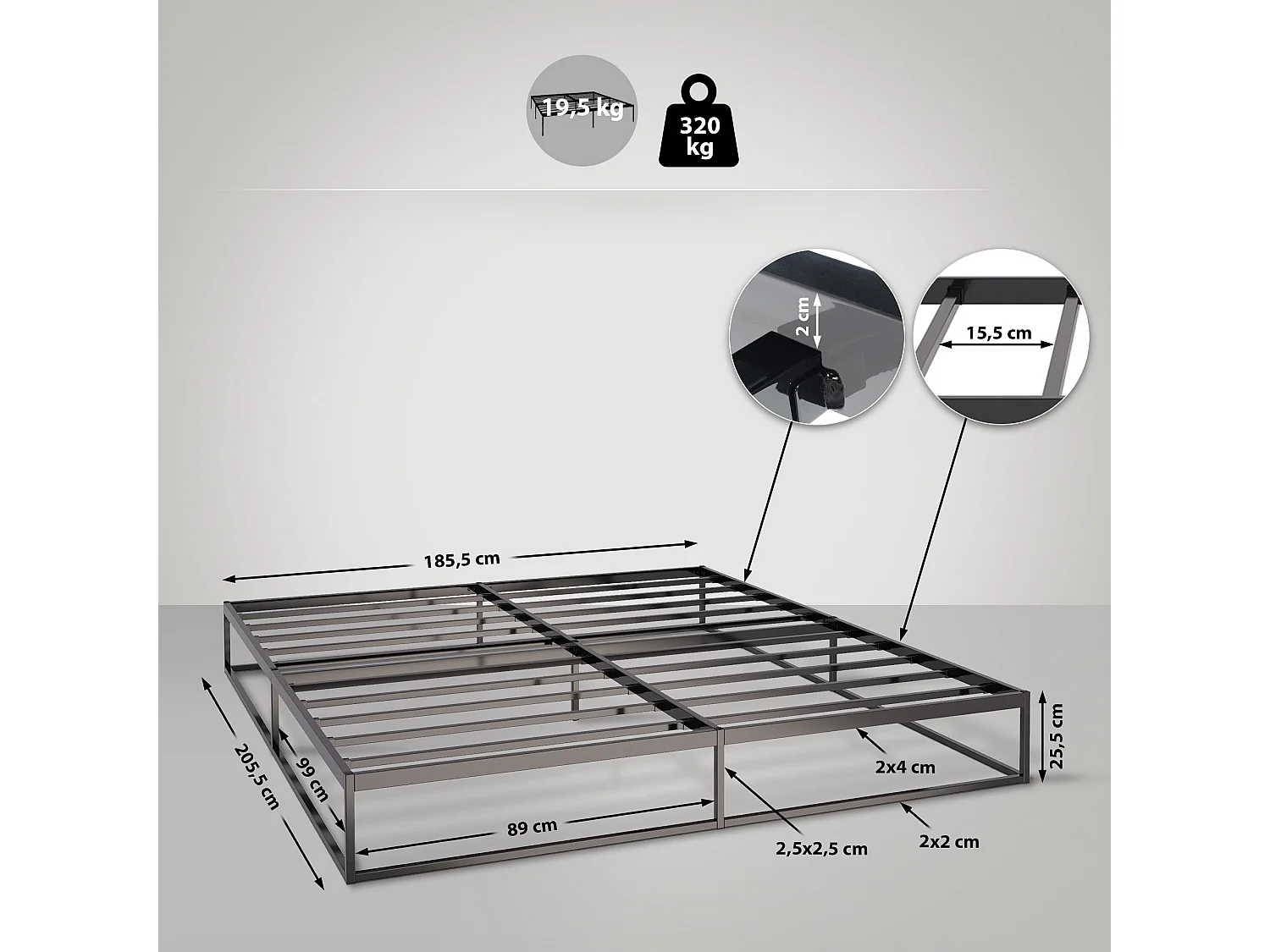 Metalen bed - Metaal - 200x180x25 cm - zwart - Scala