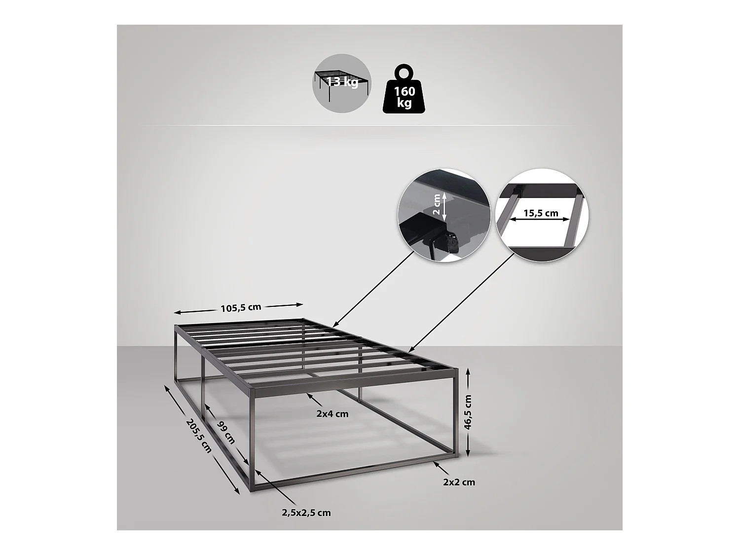 Metalen bed - Metaal - 200x100x46 cm - zwart - Scala