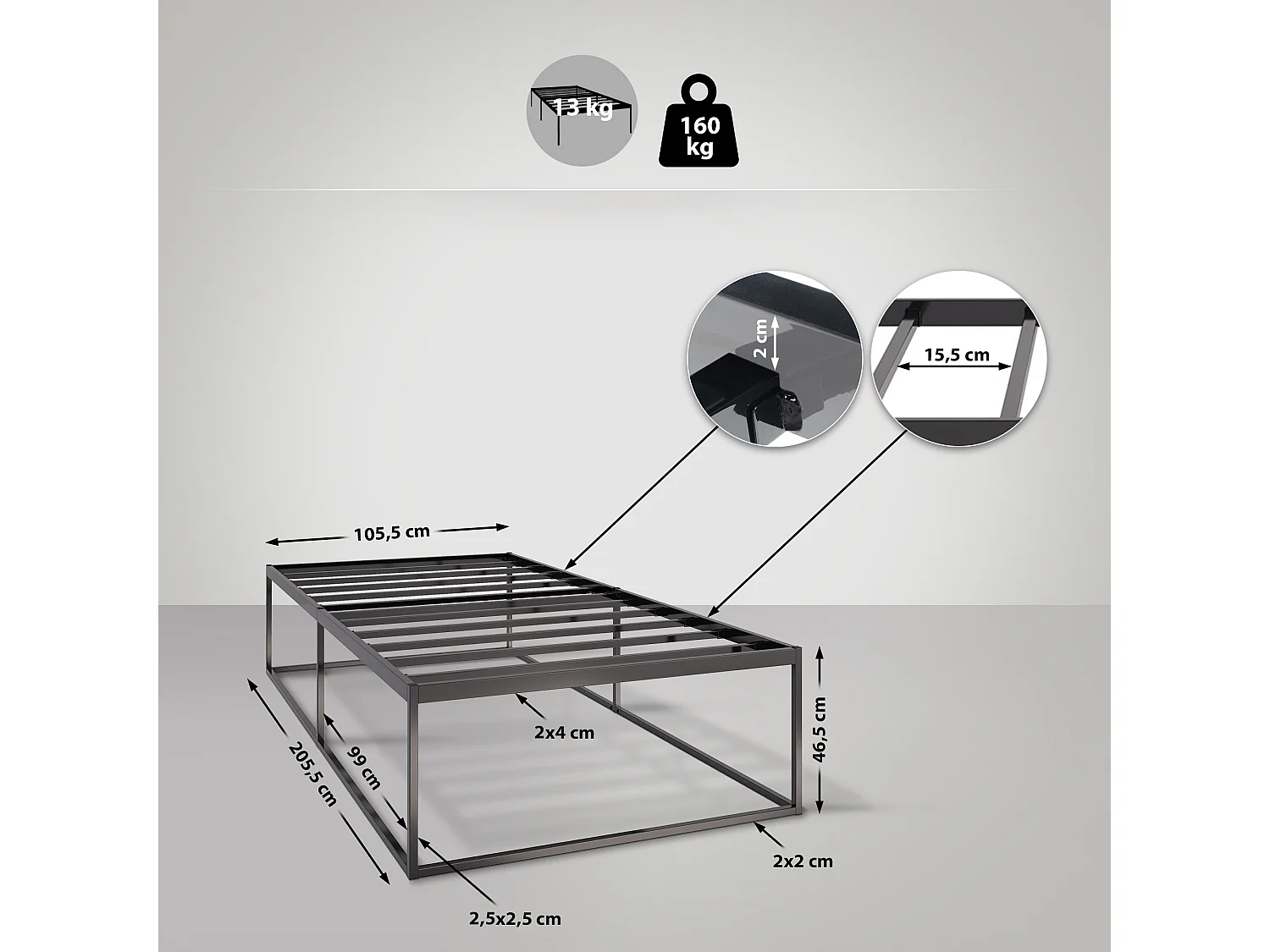 Metallbett - Metall - 200x100x46 cm - schwarz - Scala
