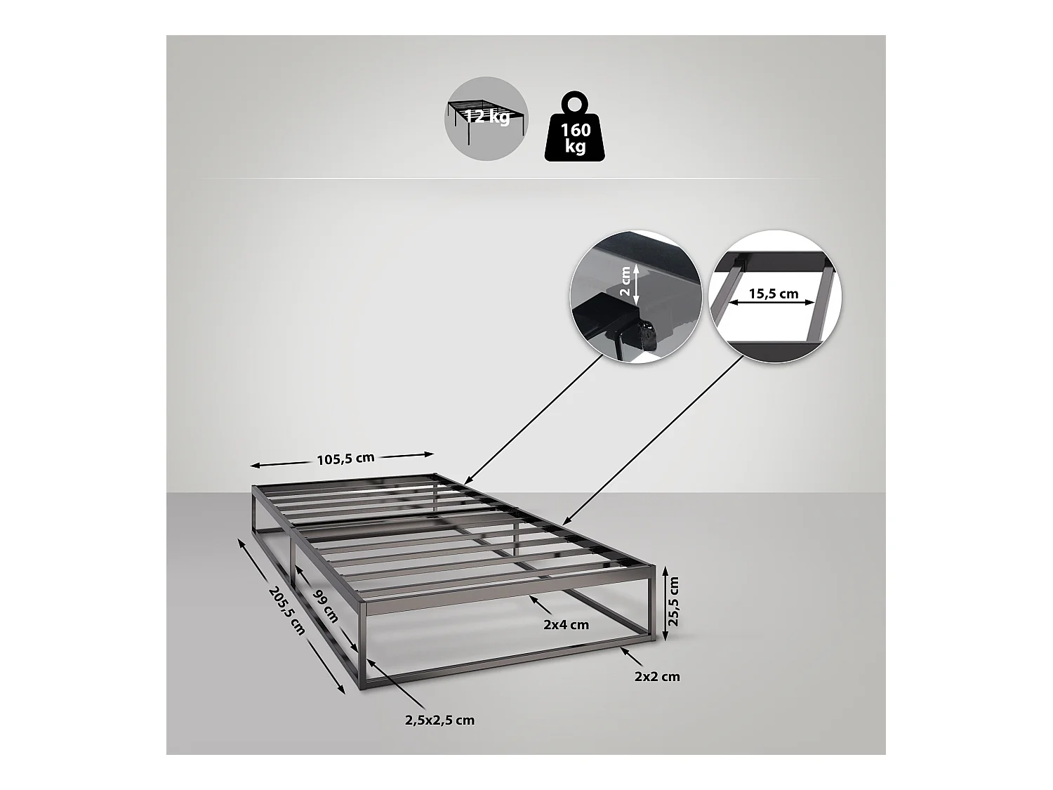 Metallbett - Metall - 200x100x25 cm - schwarz - Scala