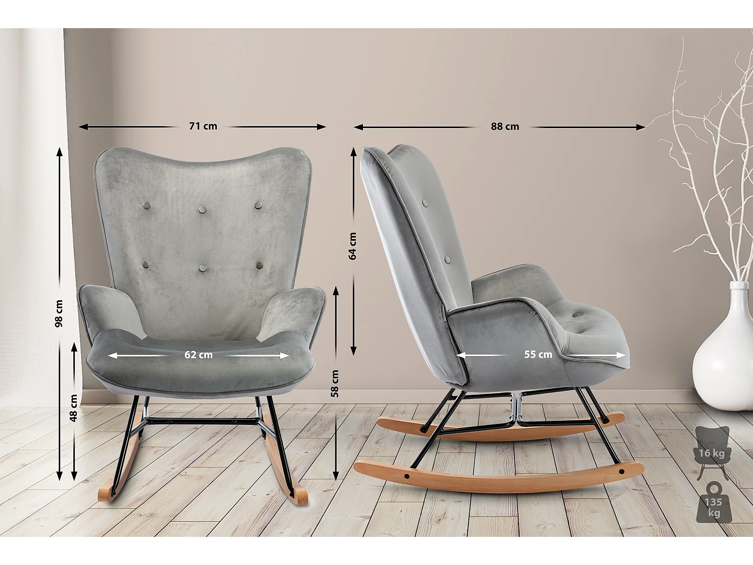 Fauteuil à bascule - Velours & Antique clair - Gris - Sanka
