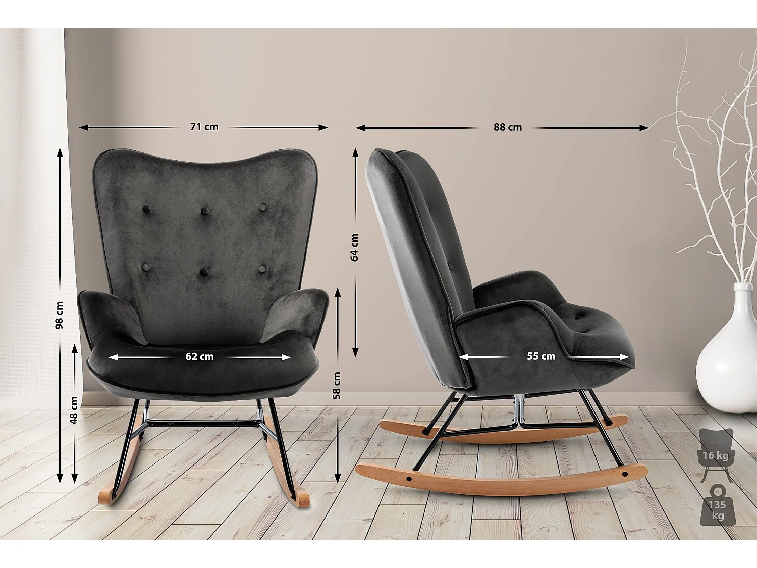 Chaise à bascule - Velours & Métal - Gris foncé - Sanka