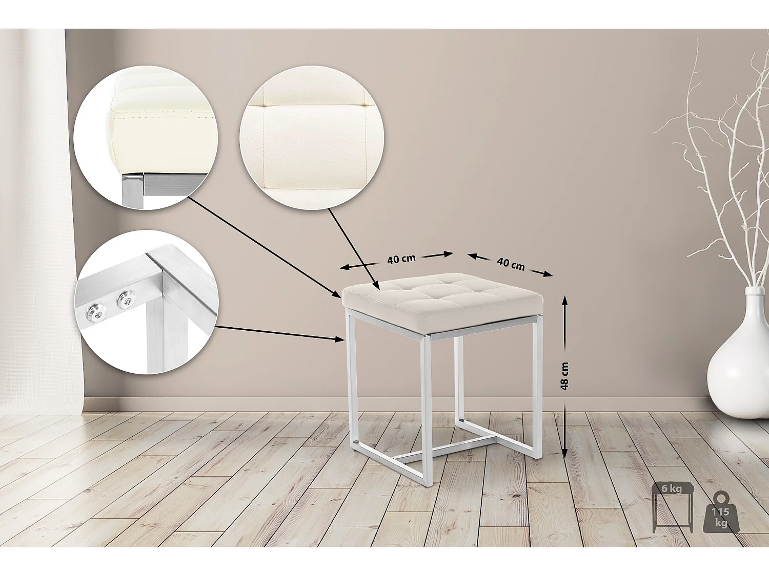 Tabouret - Similicuir & Acier inoxydable - Crème - Barci