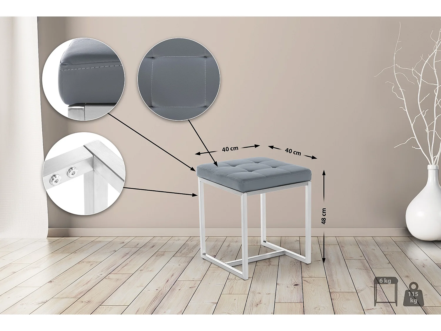 Tabouret - Similicuir & Acier inoxydable - Gris - Barci