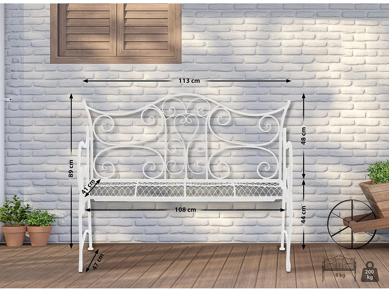 Banc de jardin - Métal - Blanc - Tara