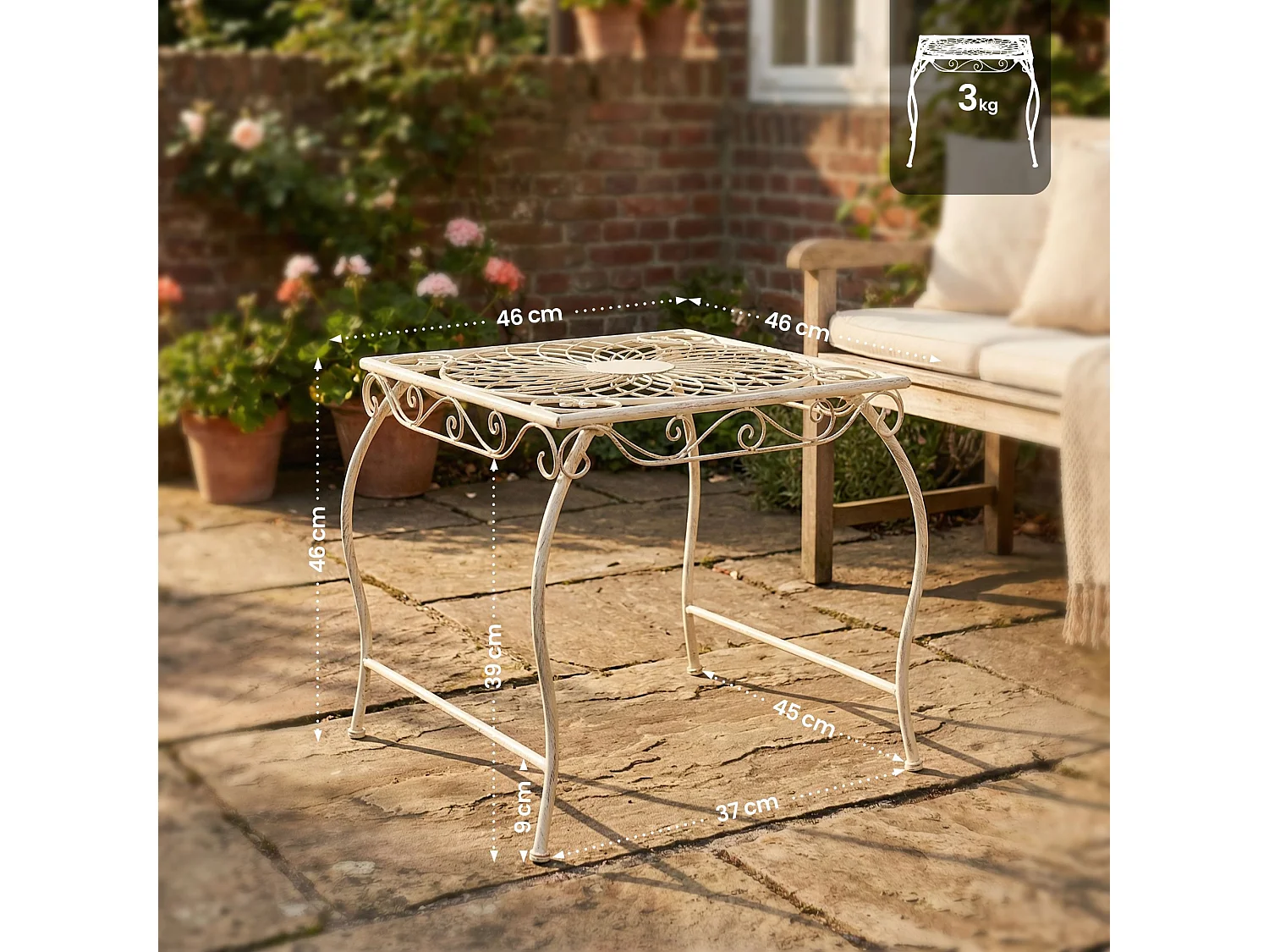 Bijzettafel tuin - vierkant - Metaal - 49 x 45 cm - antiek/creme - Zarina