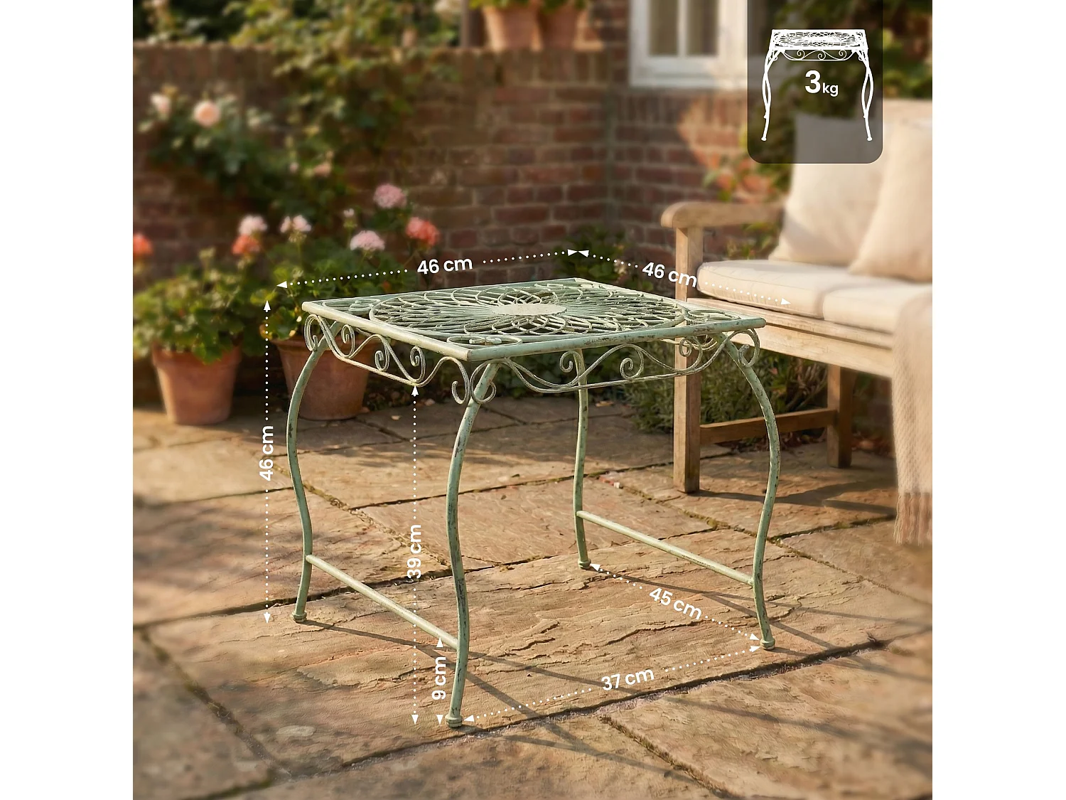 Table d'appoint de jardin - carré - Métal - 49 x 45 cm - Vert antique - Zarina