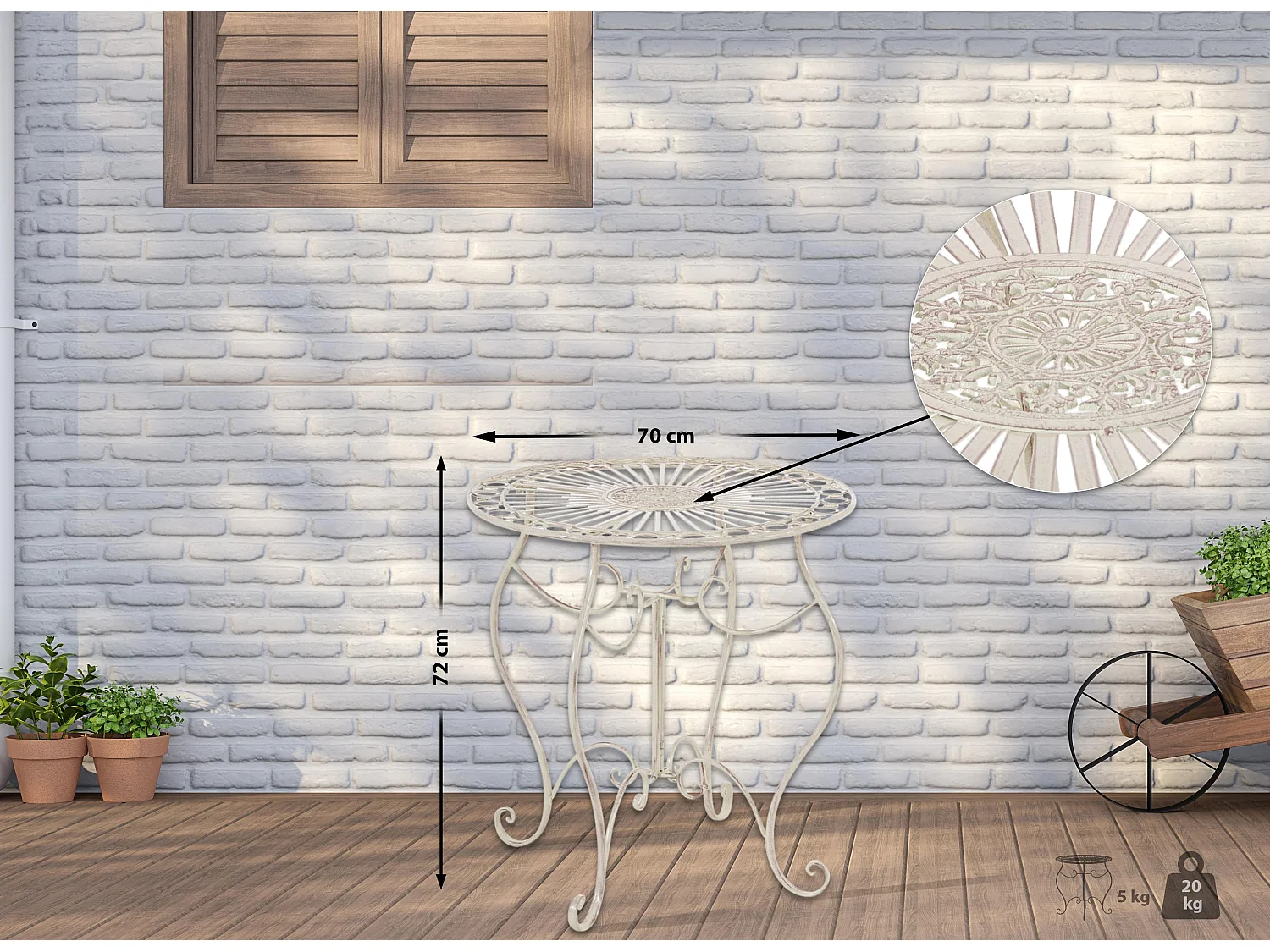 Table d'appoint de jardin - rond Ø 70 cm - Métal - Crème antique - Indra
