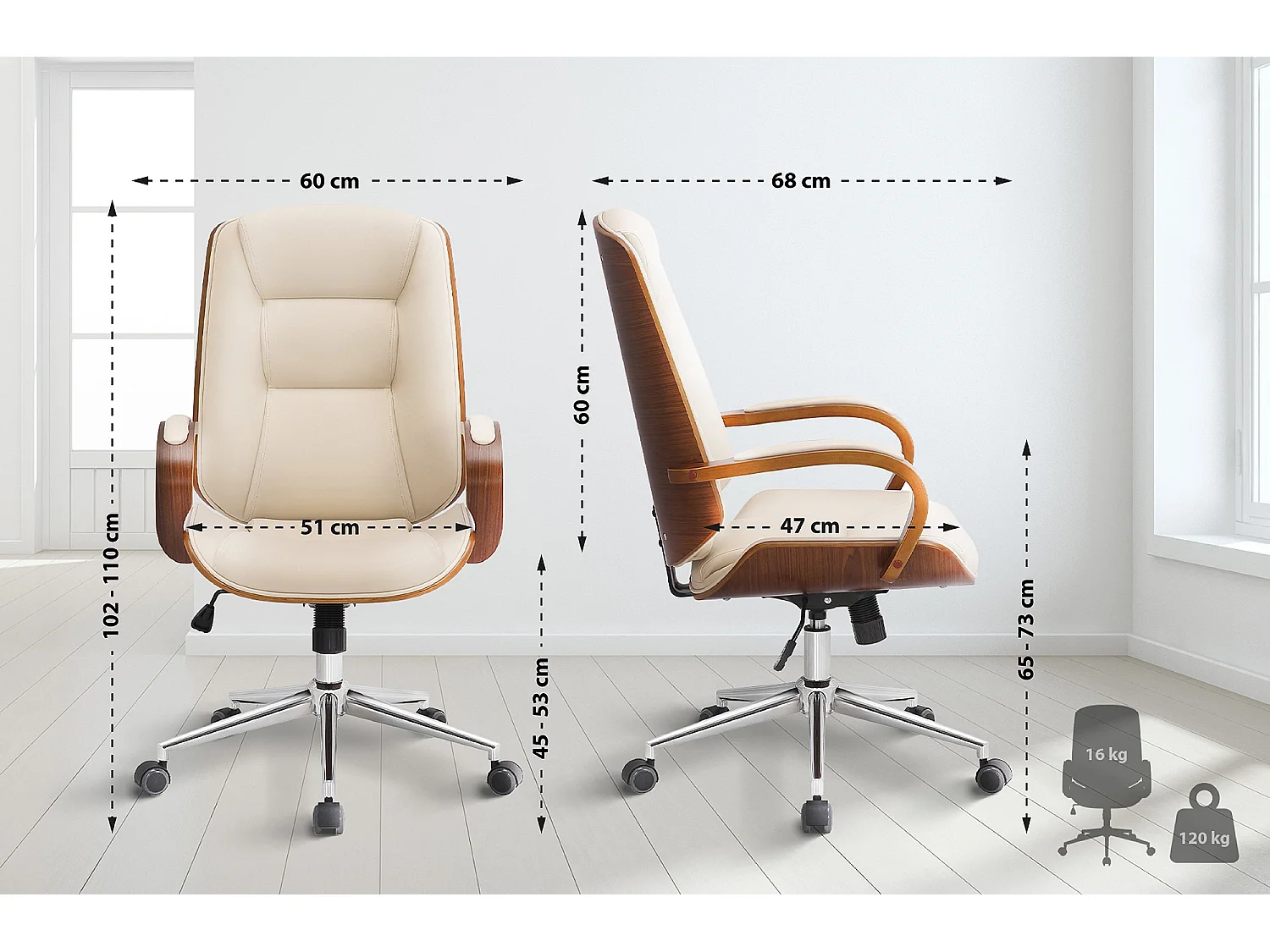 Chaise de bureau - Similicuir & Antique clair - Noyer / Crème - Yankton