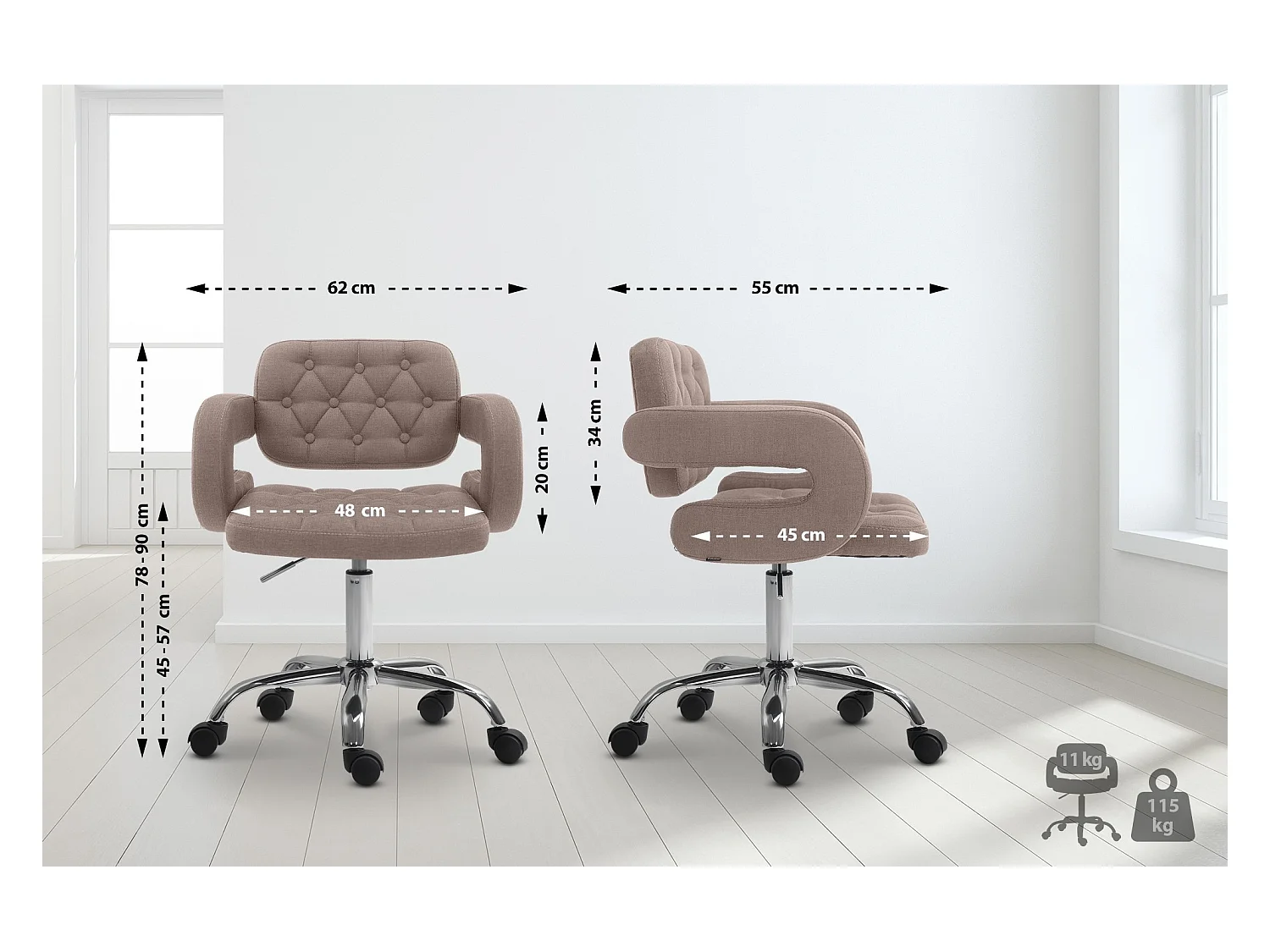 Chaise de bureau - Tissu & Métal chromé - Taupe - Dublin