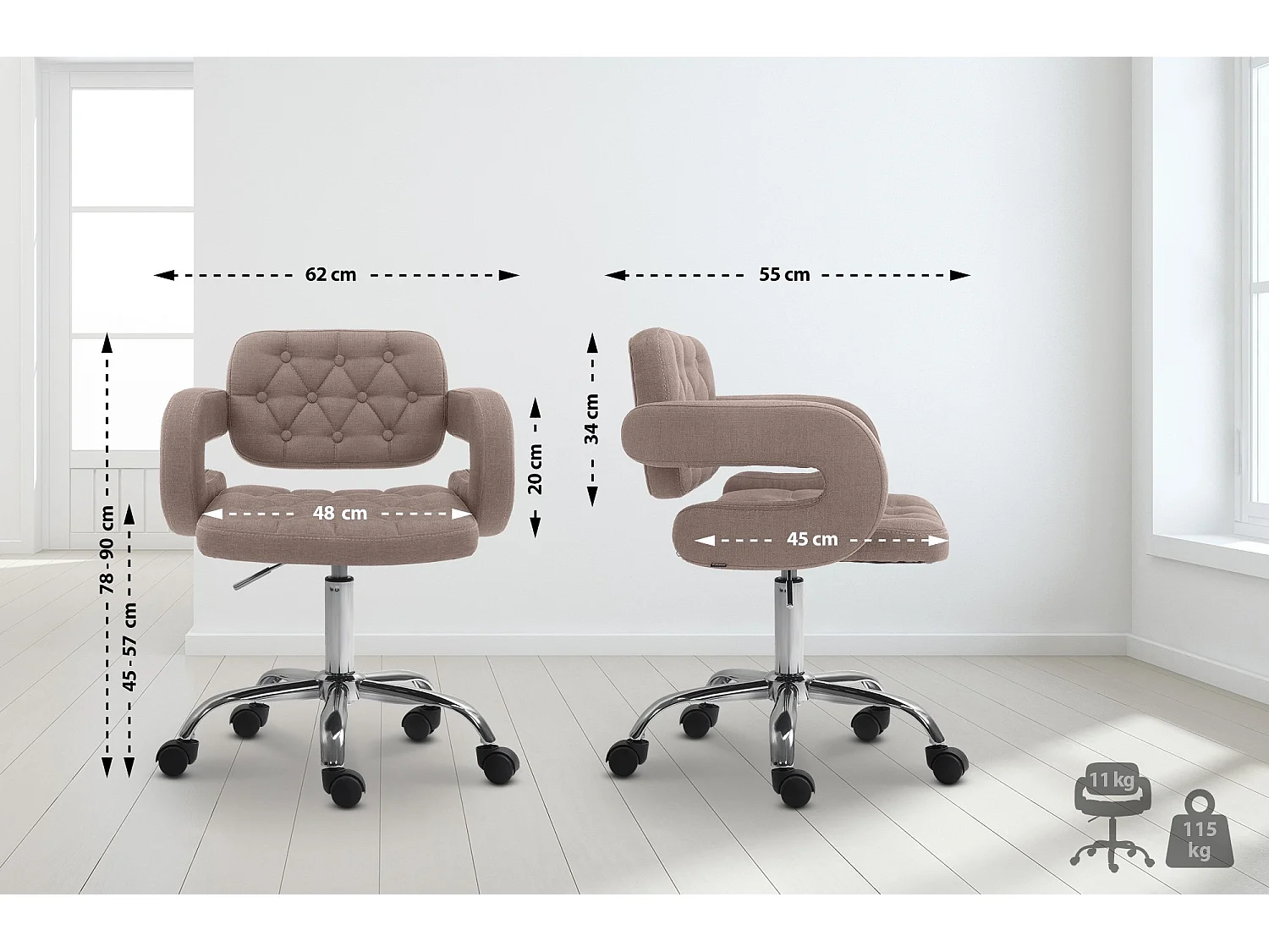 Chaise de bureau - Tissu & Métal chromé - Taupe - Dublin