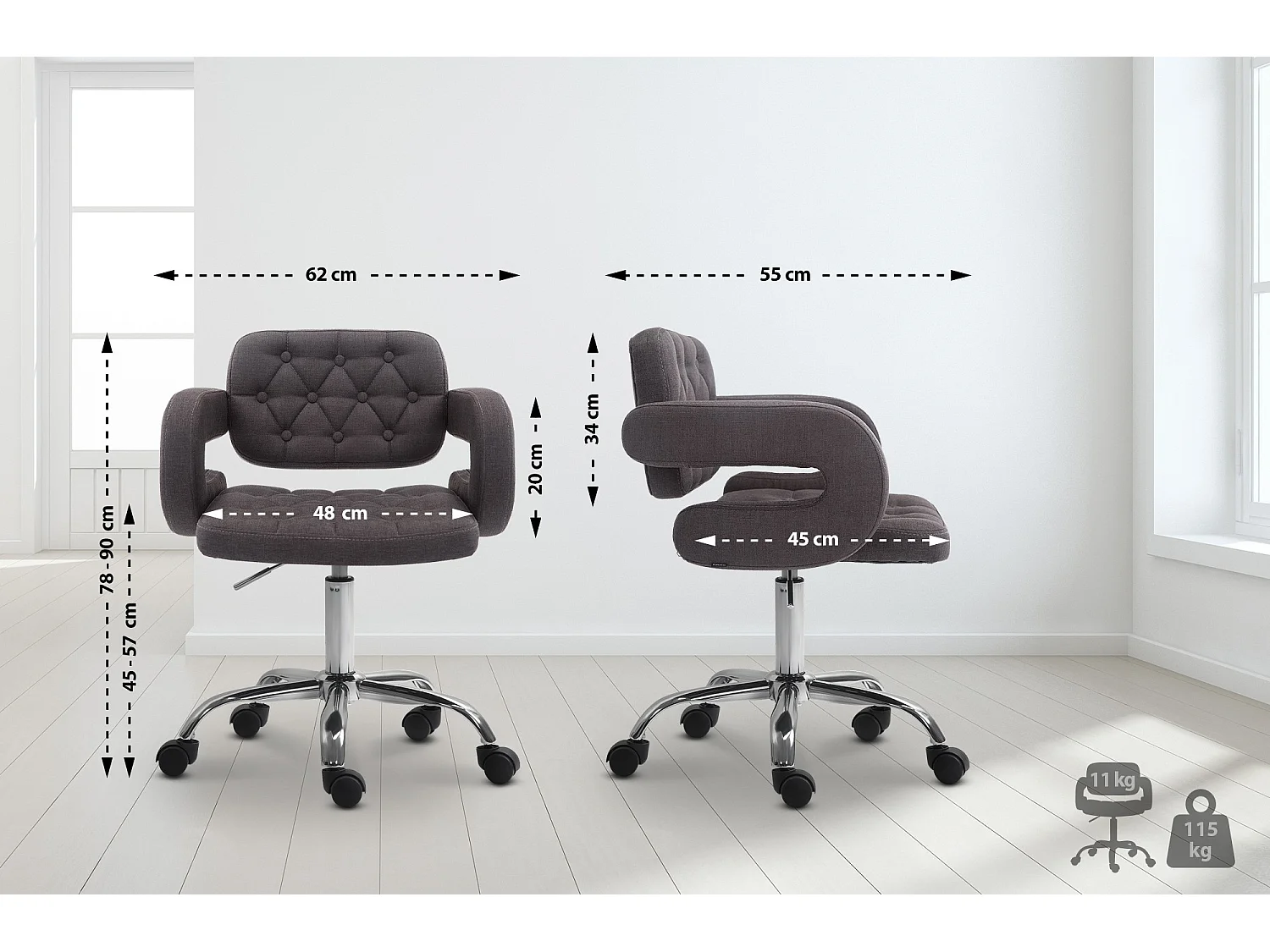 Chaise de bureau - Tissu & Métal chromé - Gris foncé - Dublin