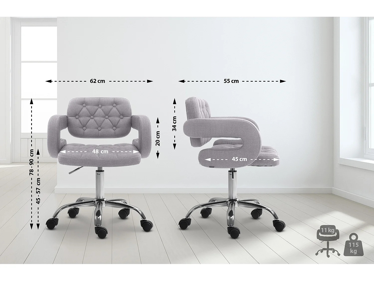 Chaise de bureau - Tissu & Métal chromé - Gris - Dublin