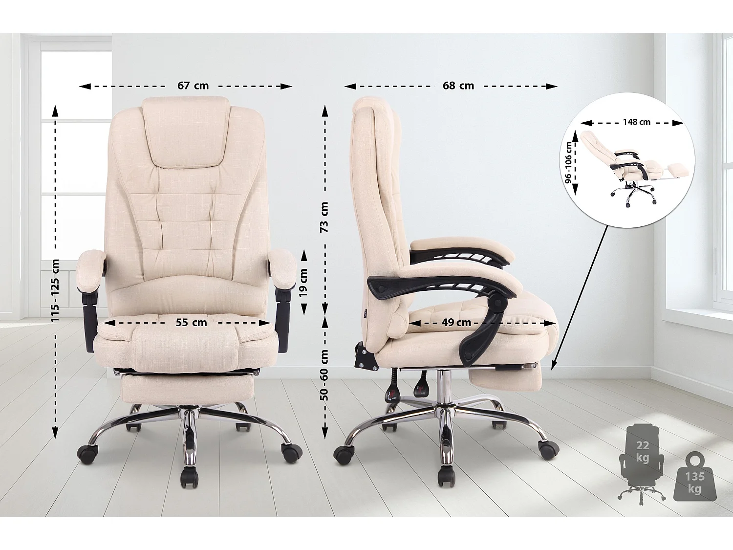 Chaise de bureau - Tissu & Métal chromé - Crème - Oxygen