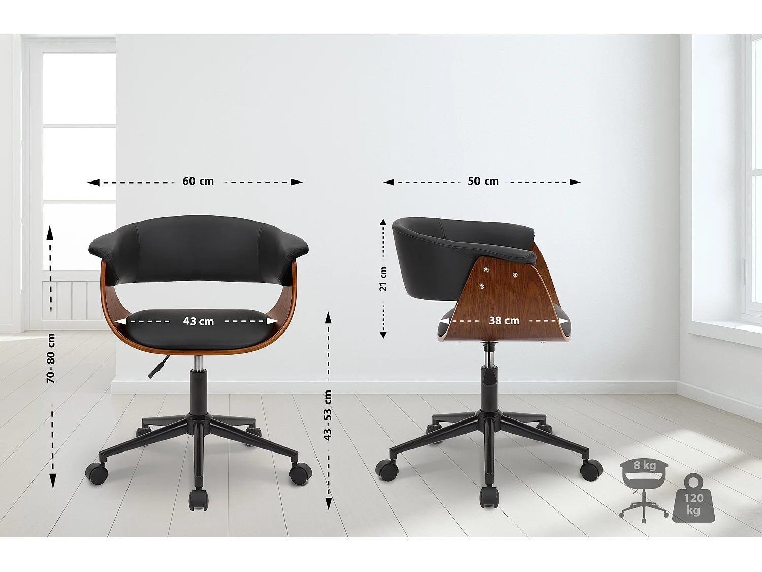 Chaise de bureau - Similicuir - Noyer / Noir - Bruce