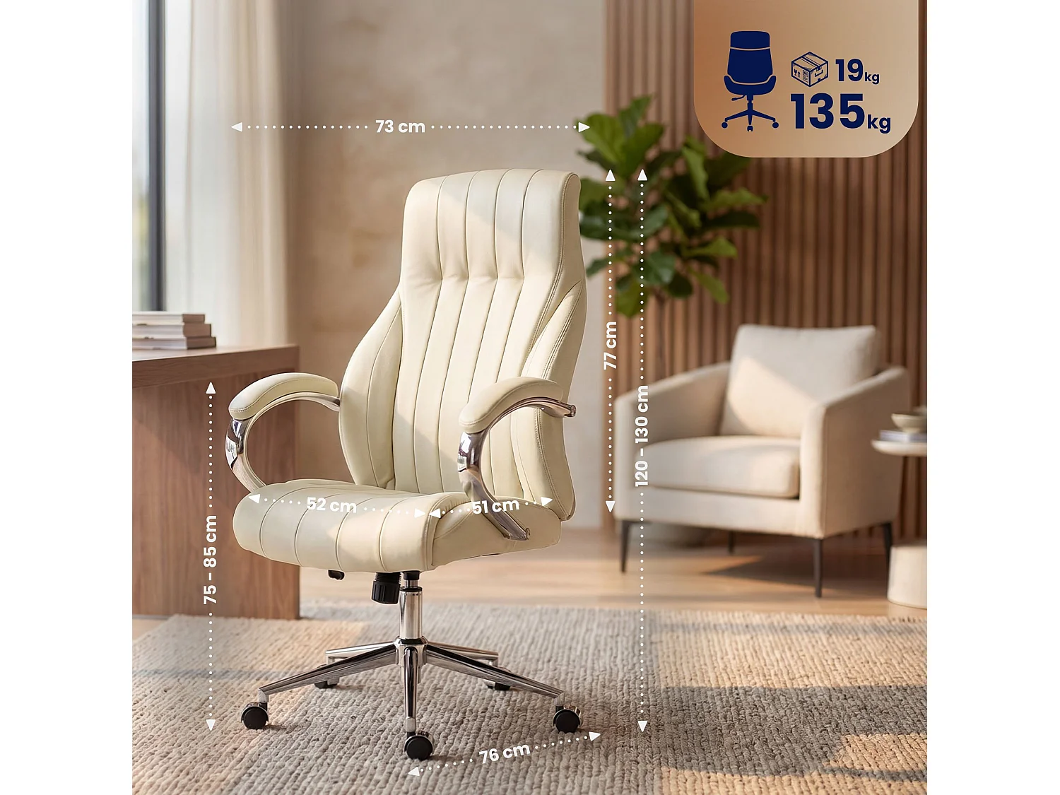 Chaise de bureau - Véritable cuir & Nature - Crème - Wigan