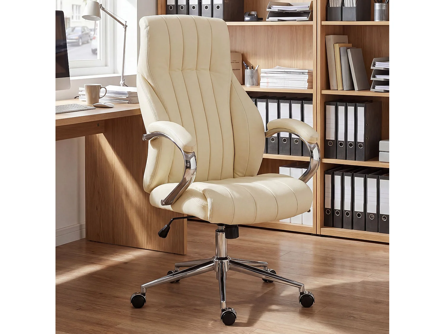 Chaise de bureau - Véritable cuir & Nature - Crème - Wigan