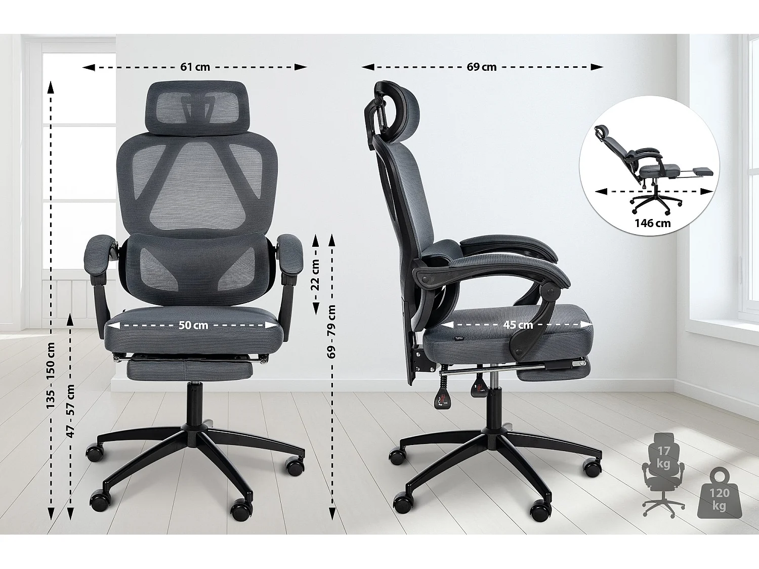 Chaise de bureau - Tissu & Blanc - Gris foncé - Gander