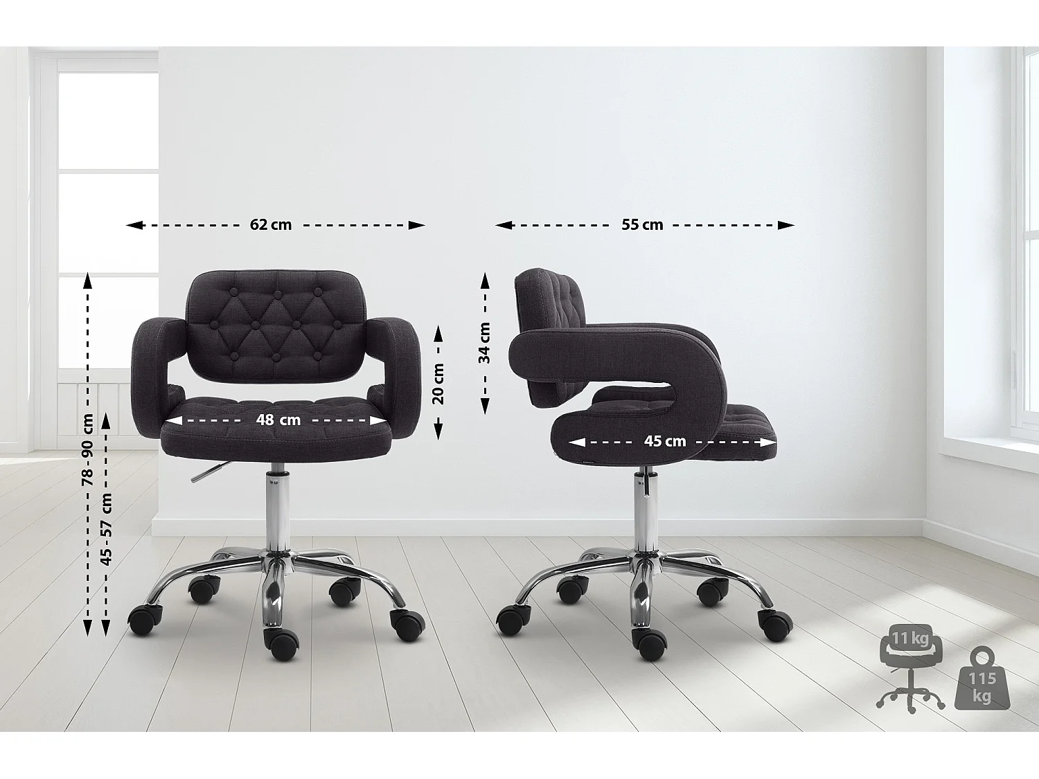 Chaise de bureau - Tissu & Métal chromé - Noir - Dublin