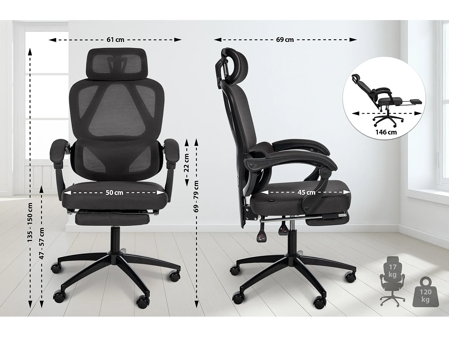 Chaise de bureau - Tissu & Blanc - Noir - Gander