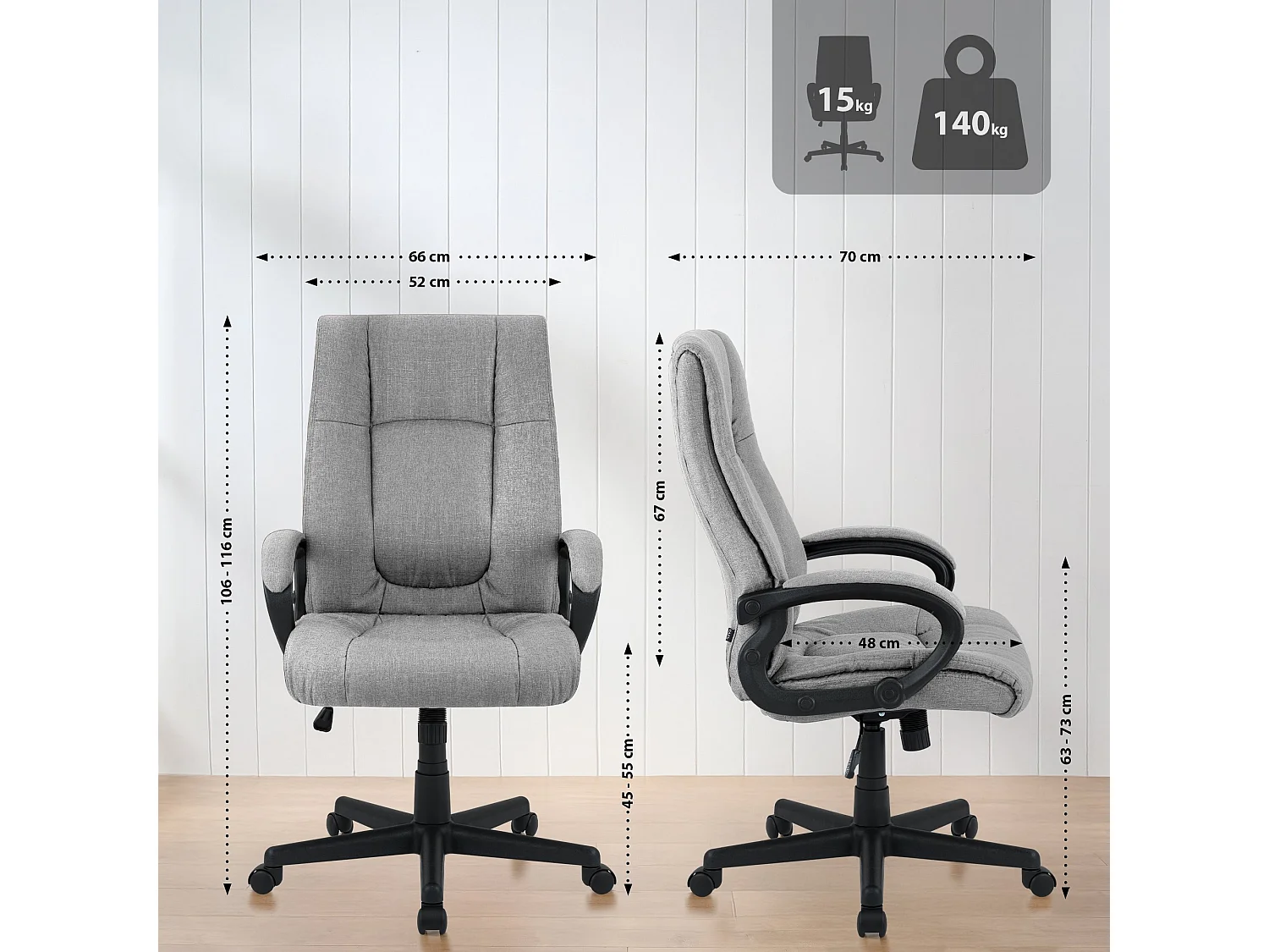 Chaise de bureau - Tissu & Noir - Gris - XL Sparta