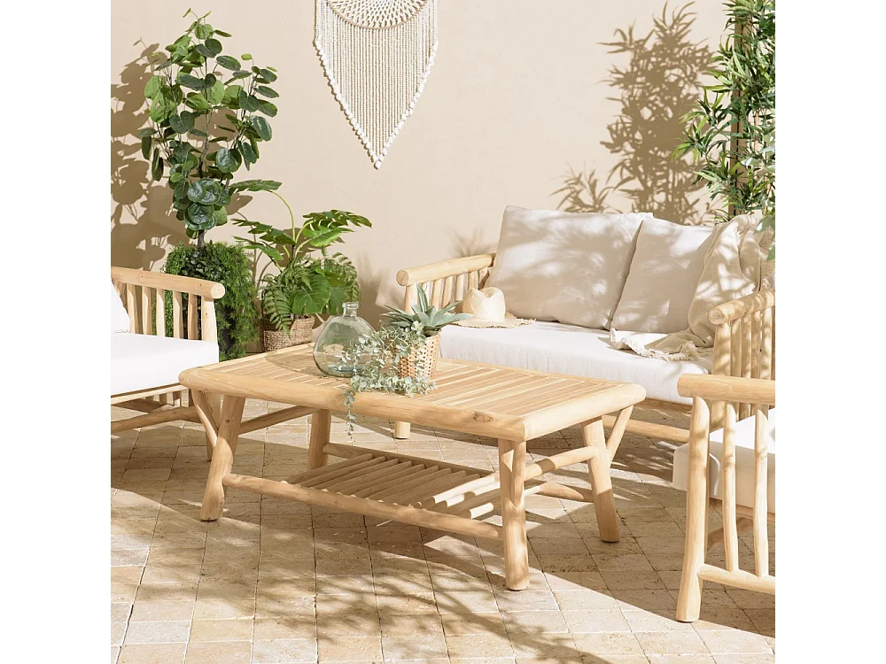 WILL - Table basse rect. en branches de bois de teck double plateau