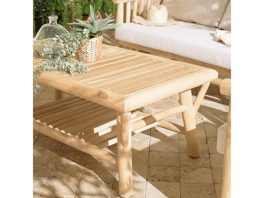 WILL - Table basse rect. en branches de bois de teck double plateau